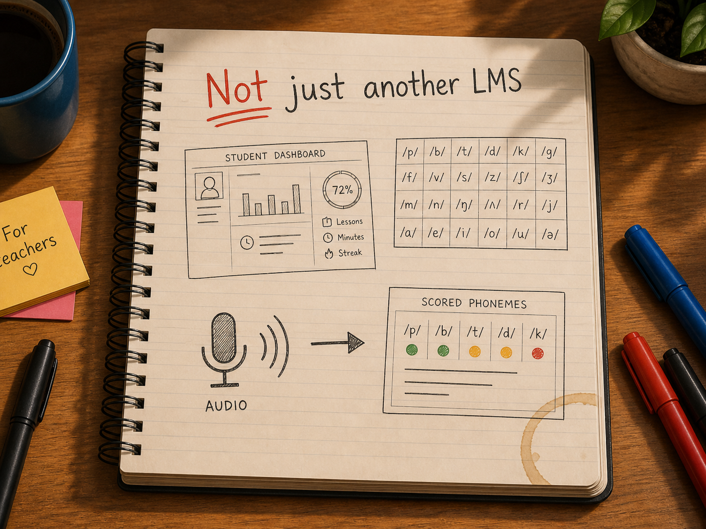 A hand-drawn notebook page reading 'Not just another LMS' — the word 'Not' is underlined in red ink. The notebook shows sketches of a student dashboard, a phoneme chart, and an audio-to-scored-phonemes flow, with a coffee cup, a sticky note reading 'For teachers', and pens scattered around it.