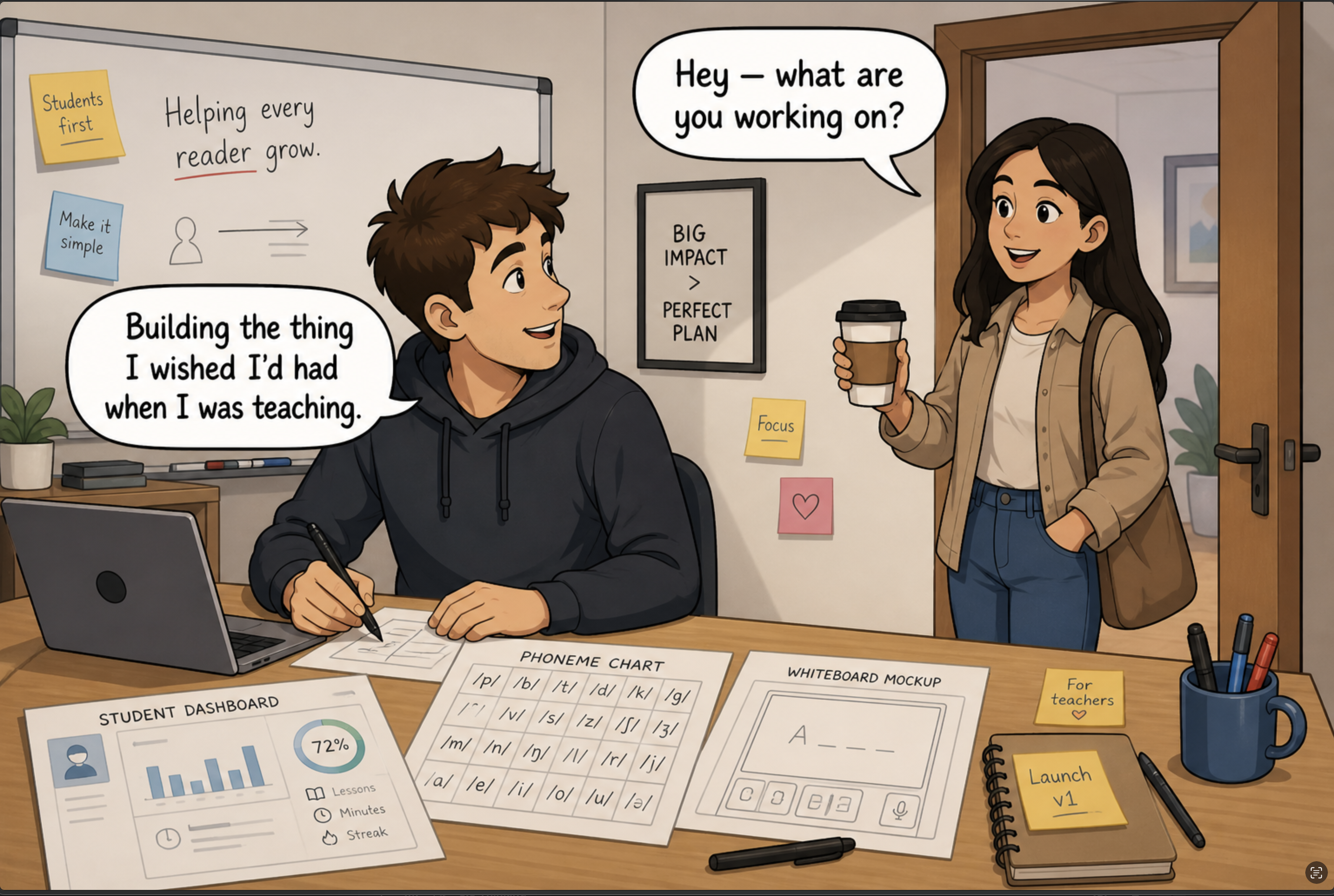 A young teacher at his desk, sketching ideas on paper next to a phoneme chart and a student dashboard mockup. A friend stands in the doorway holding a coffee, asking 'Hey — what are you working on?' He answers, 'Building the thing I wished I'd had when I was teaching.'